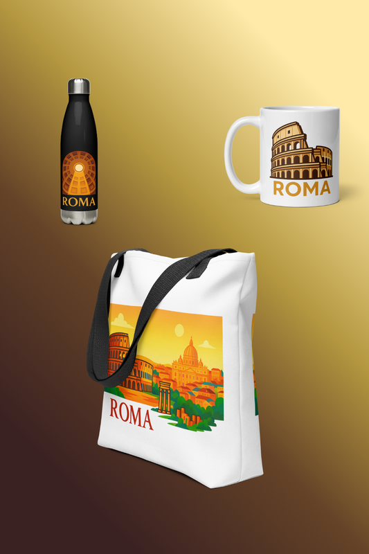 Botella acero inox panteon, taza coliseo y tote all over skyline Roma de Emotya