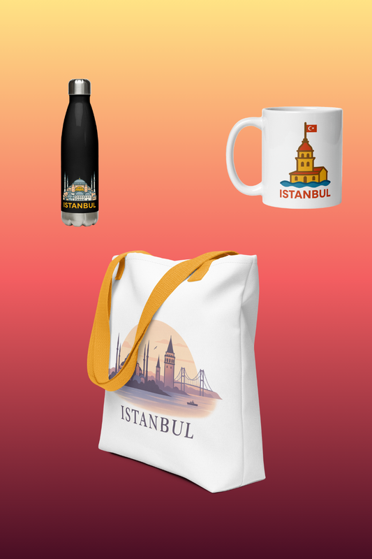 Botella acero inox santa sofia, taza torre doncella y tote all over skyline Istanbul de Emotya