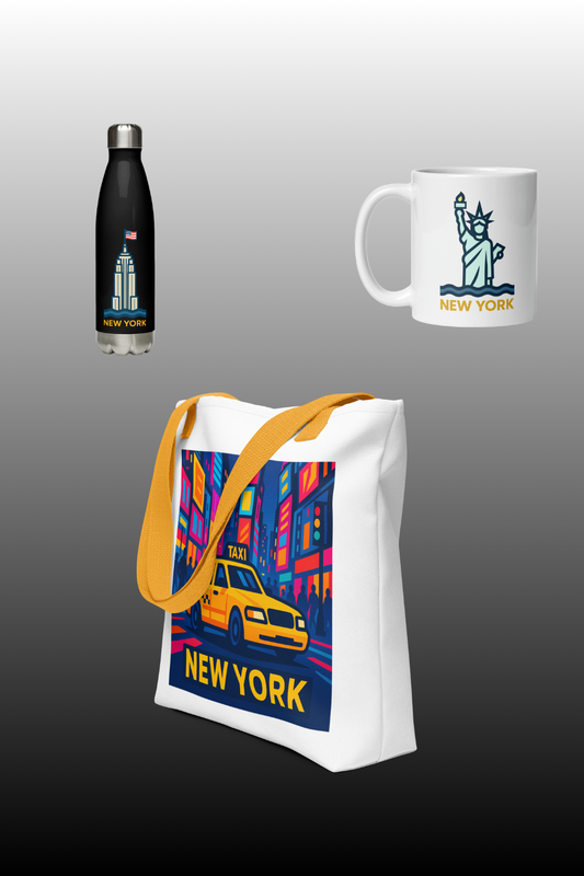 Botella acero inox empire state, taza estatua de la libertad y tote all over skyline taxi times square de Emotya